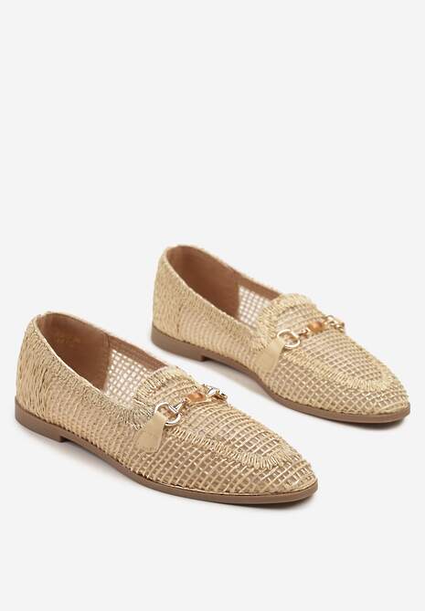 Beżowe Ażurowe Mokasyny Loafersy z Klamrą Koliswena