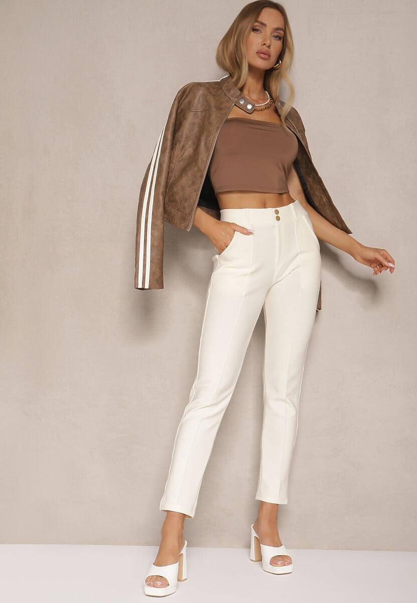 Jasnobeżowe Spodnie Ozdobione Kantem i Guzikami Zenwia