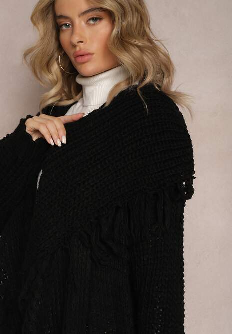 Czarny Niezapinany Kardigan o Długim Kroju z Frędzlami Finantia