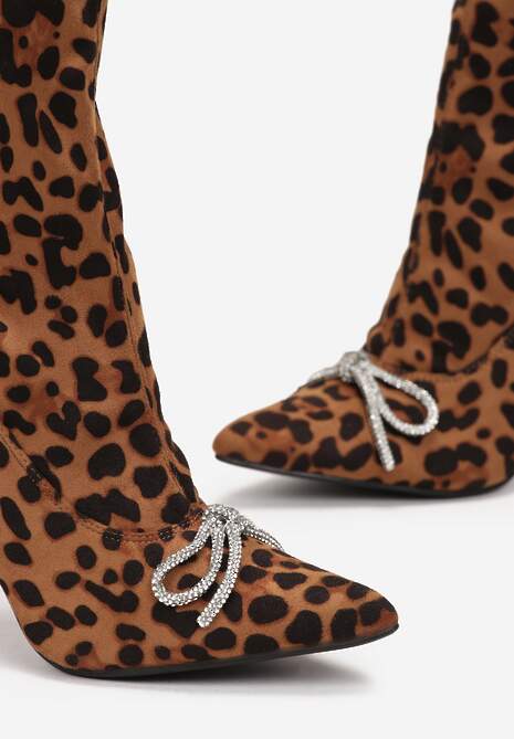 Brązowe Botki Skarpetkowe Ozdobione Kokardką z Cyrkoniami na Geometrycznej Szpilce Aife