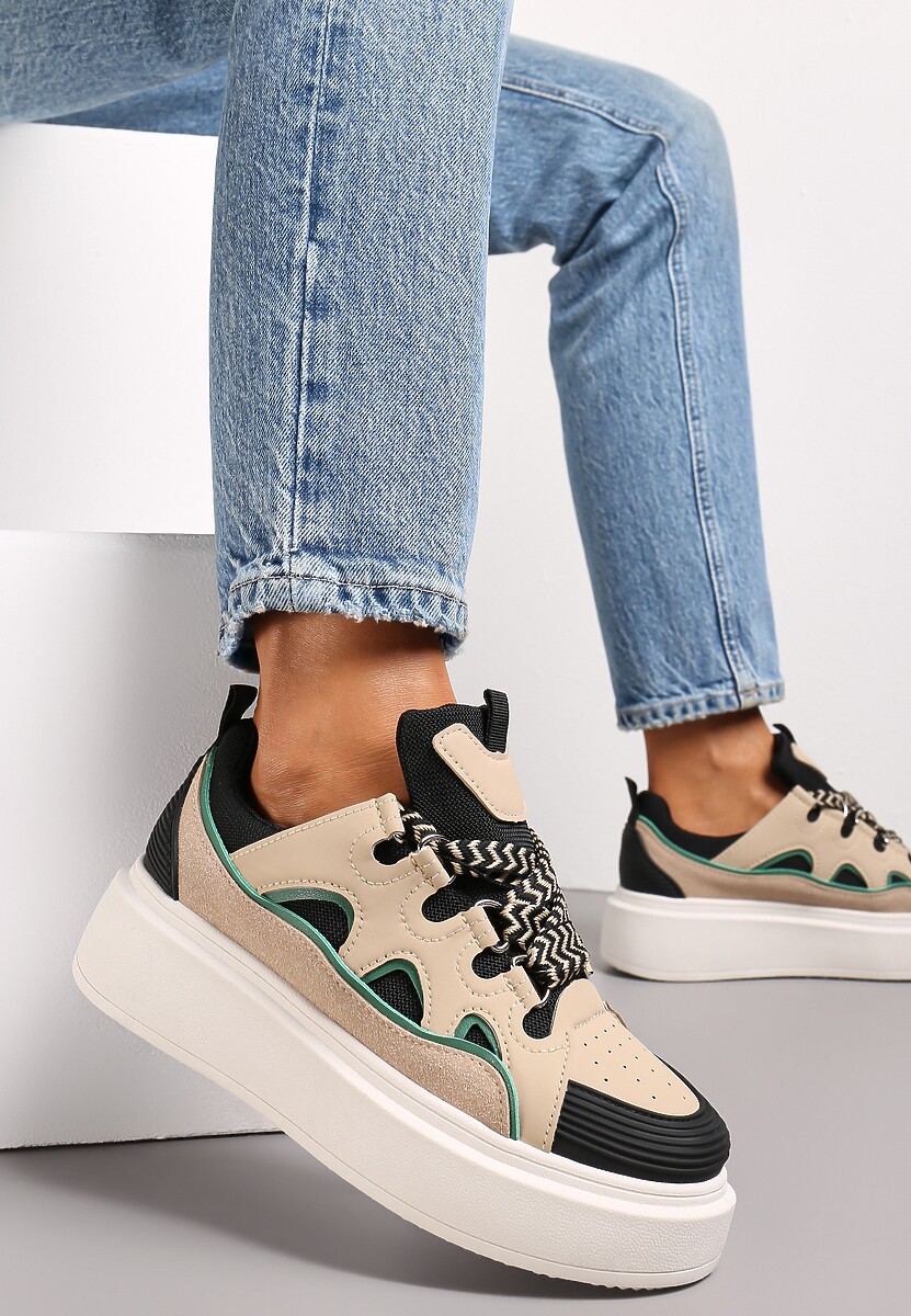 Beżowo-Czarne Sneakersy na Platformie Nazario