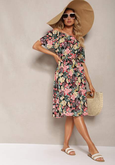 Czarn-Różowa Sukienka z Bawełny w Kwiatowy Print Dimizama