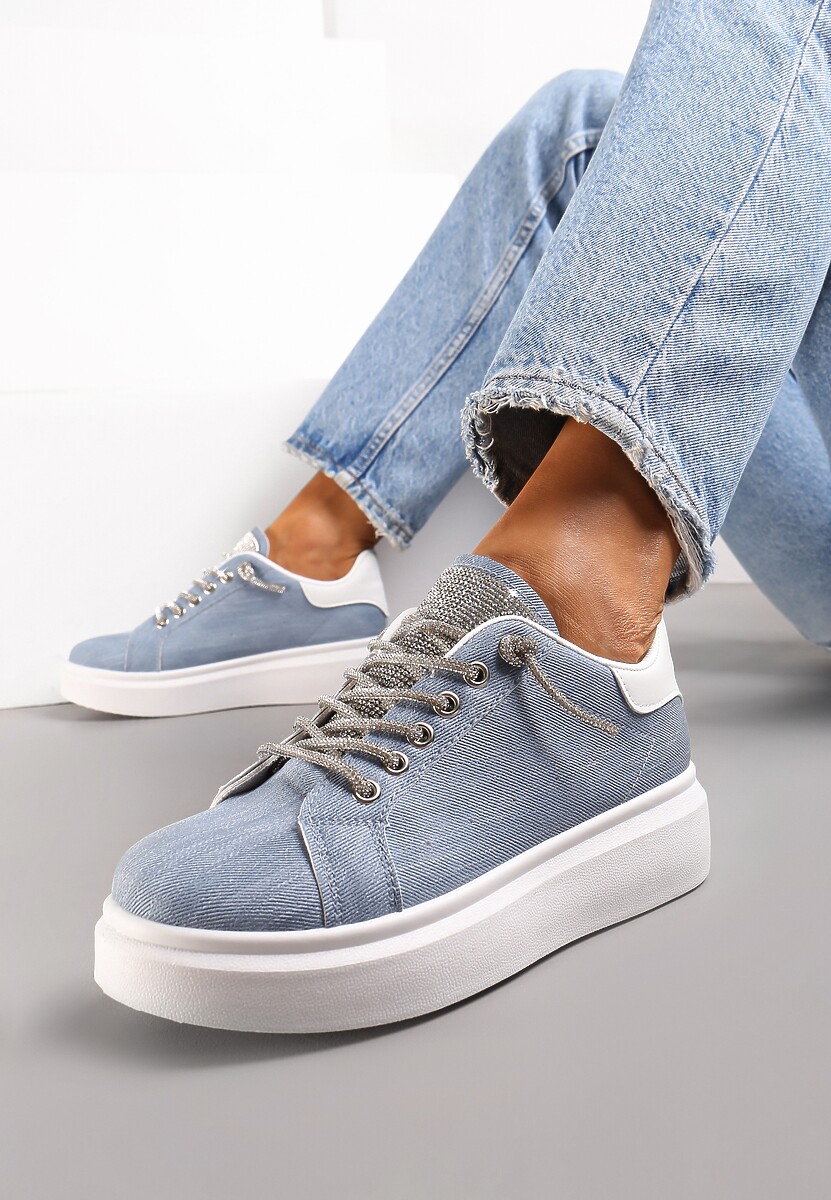 Niebieskie Sneakersy Sznurowane Ozdobione Cyrkoniami na Grubej Podeszwie Dessia