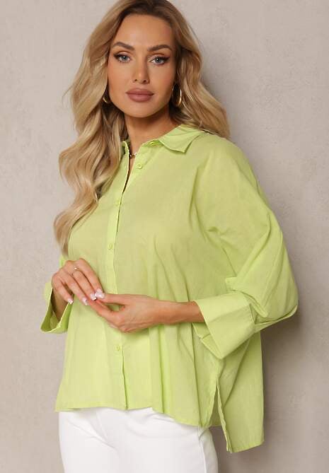 Jasnozielona Koszula z Bawełny Rękawy 3/4 Typu Nietoperz Delilatia