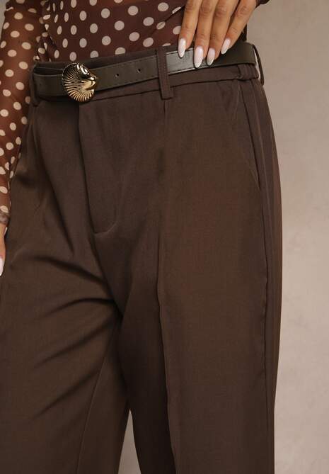 Brązowe Szerokie Spodnie Garniturowe z Paskiem ze Sprzączką Muszelką Salanva