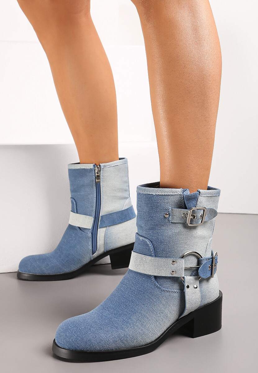 Niebieskie Botki Bikery Ozdobione Paskami i Okrągłą Klamrą Warasa