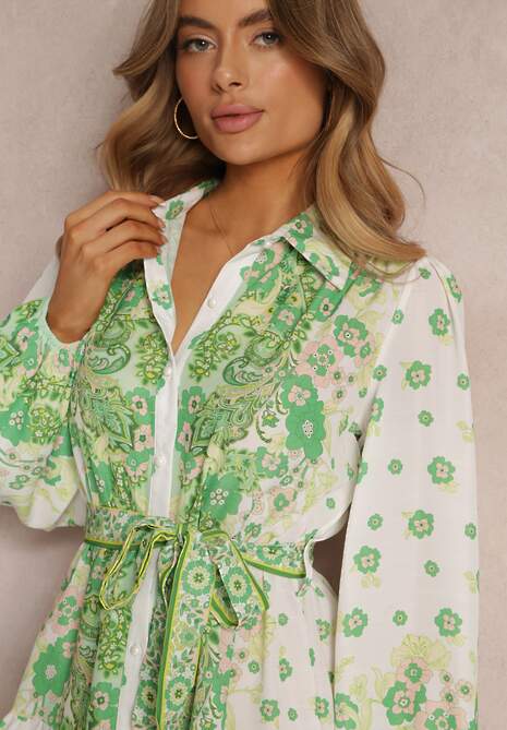 Jasnozielona Wiązana Sukienka z Kołnierzykiem i Gumką w Pasie Santanna