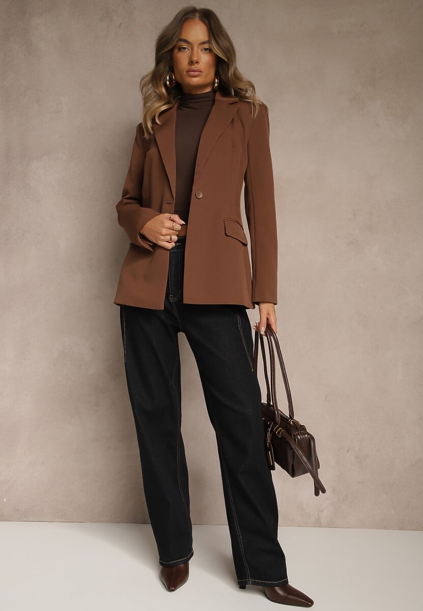 Brązowa Marynarka VICES o Taliowanym Kroju z Podkreślonymi Ramionami Arivita