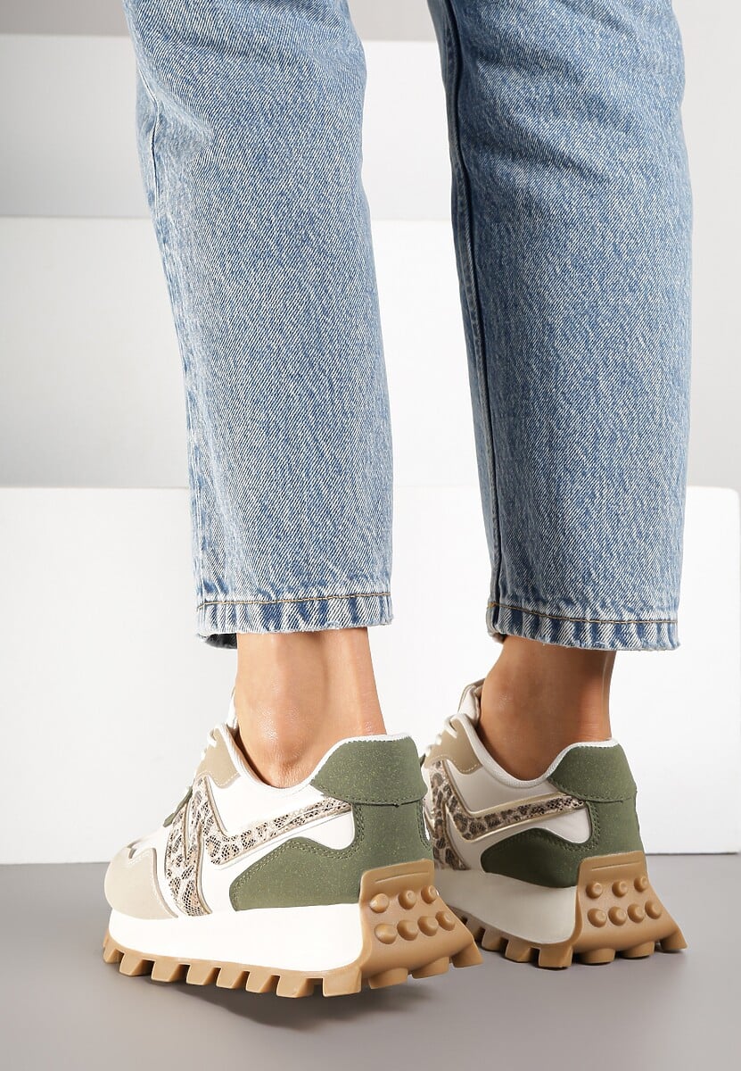 Beżowo-Zoelone Sneakersy Ozdobione Geometrycznym Motywem w Panterkę Annerie