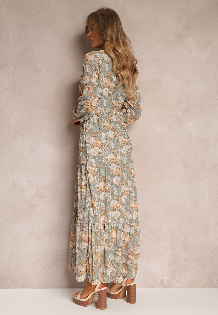 Jasnozielona Sukienka Maxi Ściągana w Pasie z Metaliczną Nitką i Rozkloszowanym Dołem Kiaza