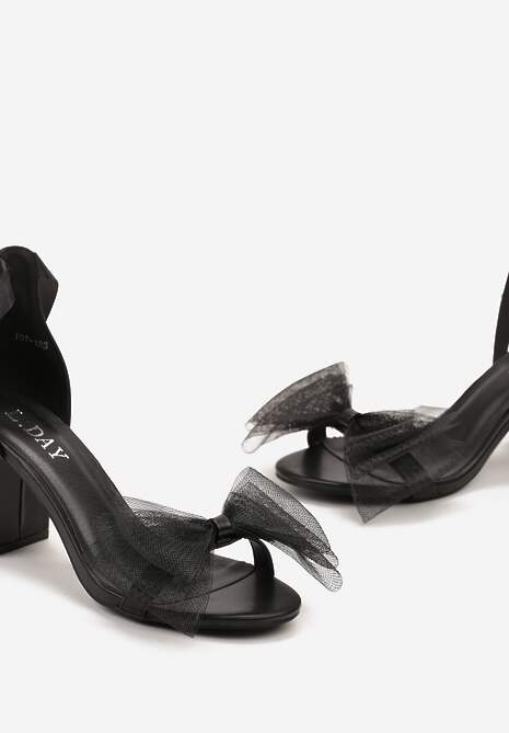 Czarne Sandały na Słupku Wiązane Wstążką z Tiulową Kokardką Naviloria