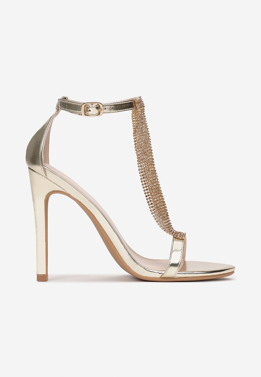 Złote Sandały na Szpilce z Cyrkoniami i Sprzączką Faltifi