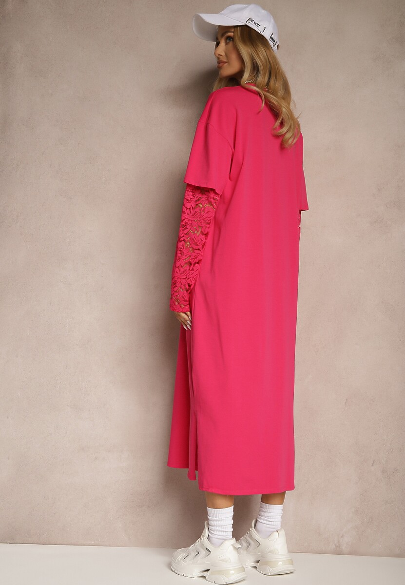 Fuksjowa Sukienka z Bawełny o Kroju Typu T-shirt z Koronką i Rozcięciami Tanisla