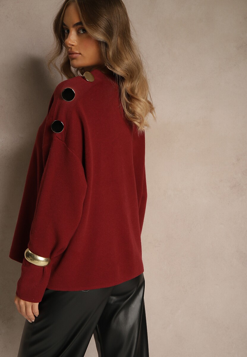 Bordowy Sweter z Metalicznymi Guzikami na Ramieniu Ederlia