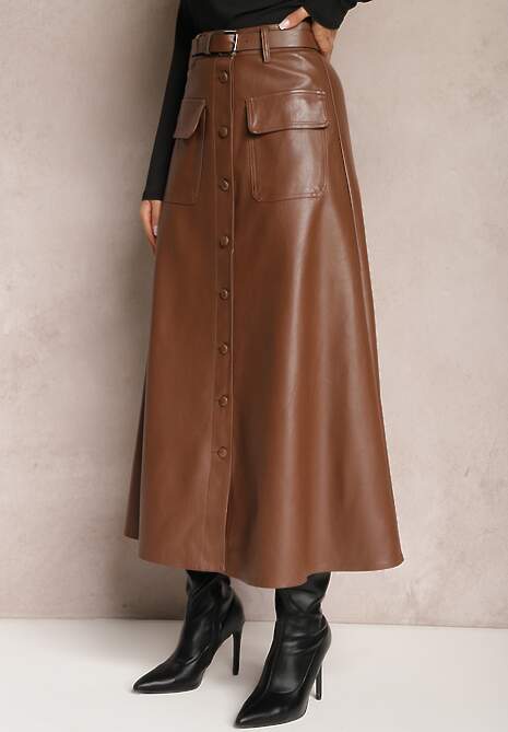 Brązowa Rozkloszowana Spódnica Midi z Imitacji Skóry z Kieszeniami z Klapą i Guzikami Maronna