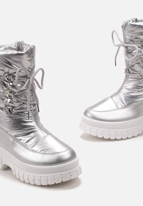 Srebrne Sznurowane Śniegowce z Ozdobnym Pikowaniem i Połyskiem Birala