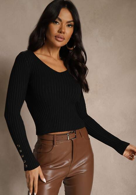 Czarny Prążkowany Sweter z Wiskozą Ozdobiony Guzikami i Metaliczną Nitką Lidanovia