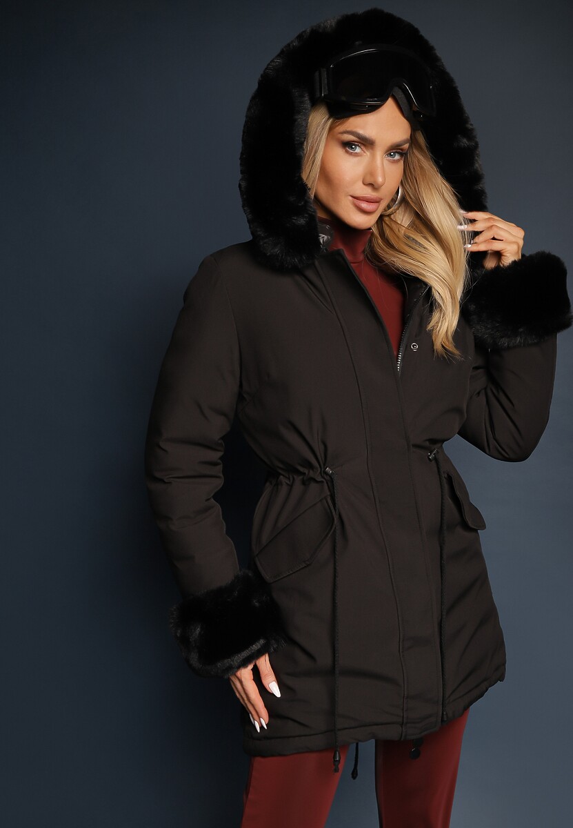 Czarna Dwustronna Kurtka o Fasonie Parki z Kapturem i Odpinanym Futerkiem Nevetalie