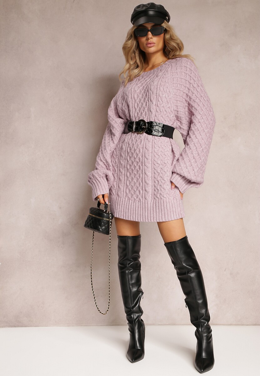 Jasnofioletowy Długi Sweter Ozdobiony Drobnym Splotem Killoe