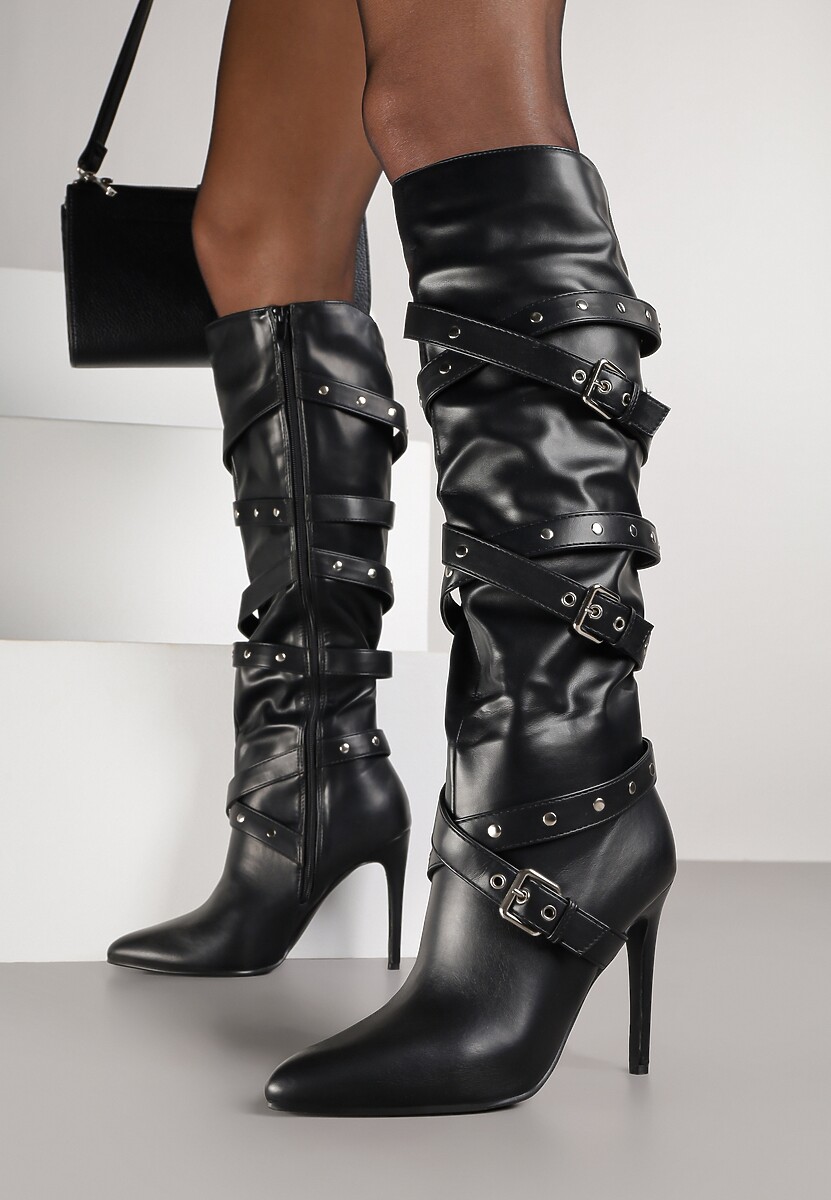 Czarne Kozaki Bikery na Szpilce z Klamrami i Paskami Jurisse