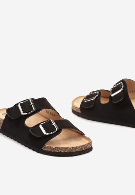 Czarne Klapki z Paskami z Regulacją i Ozdobną Sprzączką oraz Korkową Podeszwą Ozenia