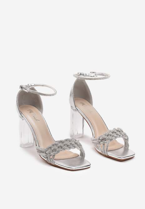 Srebrne Sandały z Ekoskóry na Transparentnym Słupku Zdobione Cyrkoniami ze Sprzączką Lotesa