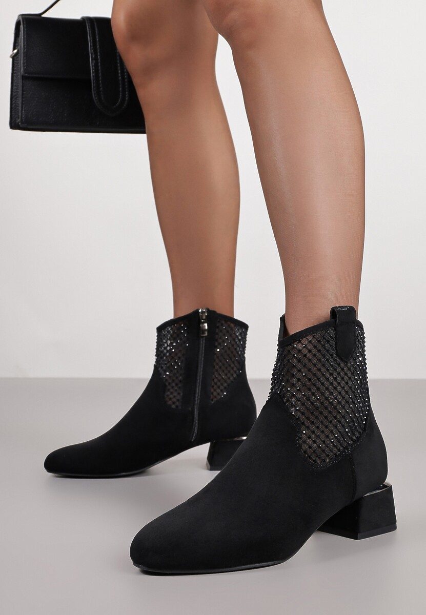 Czarne Botki na Słupku Vices Ozdobione Siateczką na Cholewce Deovenna
