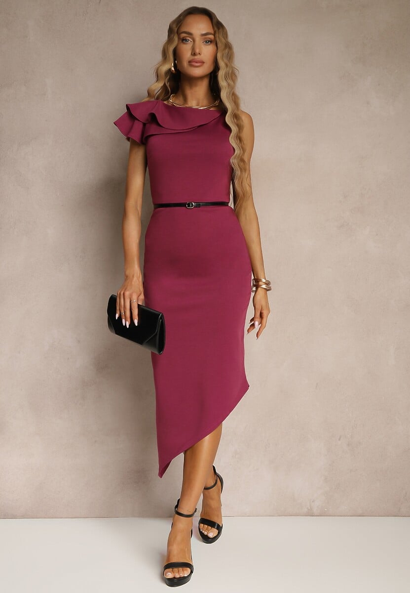 Fioletowa Asymetryczna Sukienka Vices Koktajlowa Ozdobiona Falbanką Zivorin