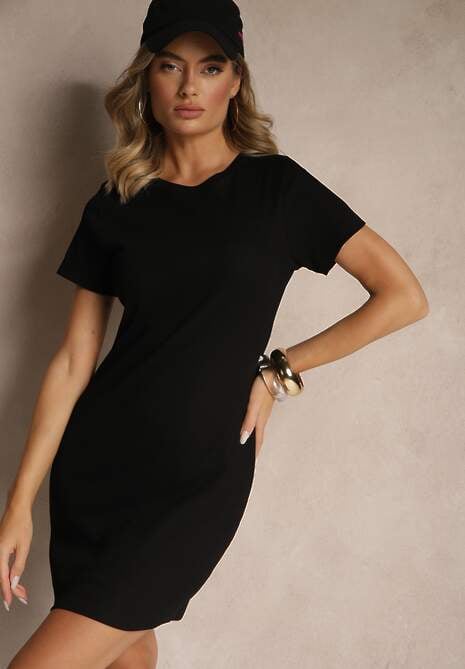 Czarna Dopasowana Sukienka z Bawełny z Prążkowanej Dzianiny Ralevia