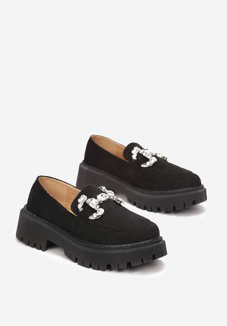 Czarne Mokasyny z Klamerką na Grubej Podeszwie Nohu