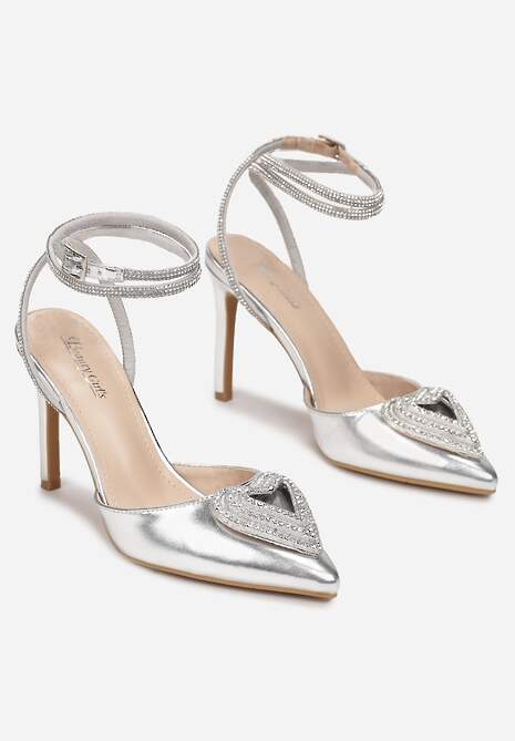 Srebrne Metaliczne Sandały na Obcasie z Cyrkoniami Florivia