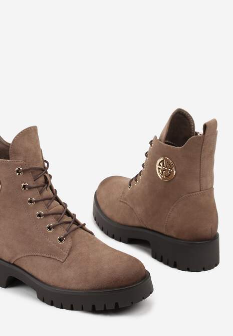 Beżowe Botki Potocki Workery z Geometryczną Ozdobą Firiselle