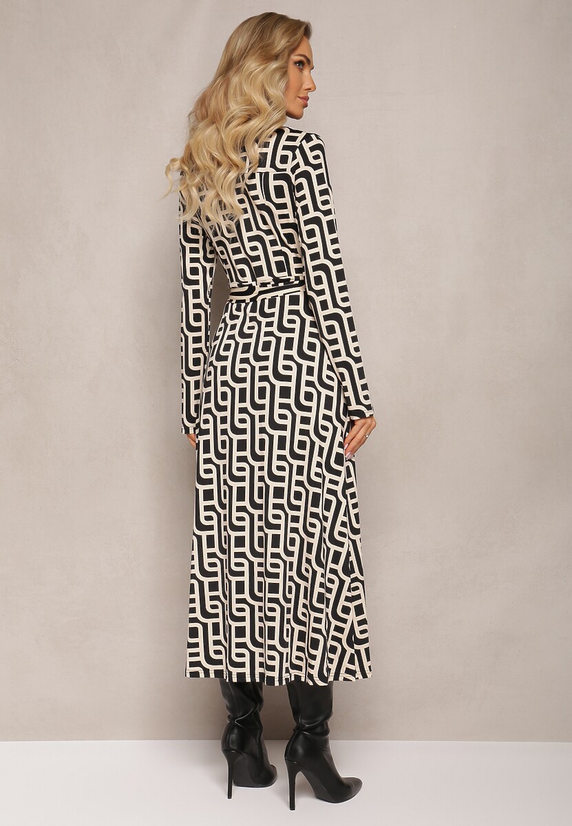 Beżowo-Czarna Koszulowa Sukienka Maxi w Geometryczny Print Gelismi