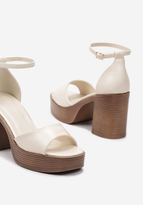 Beżowe Sandały z Imitacji Skóry na Słupku i Platformie z Regulowanym Paskiem Telliamay