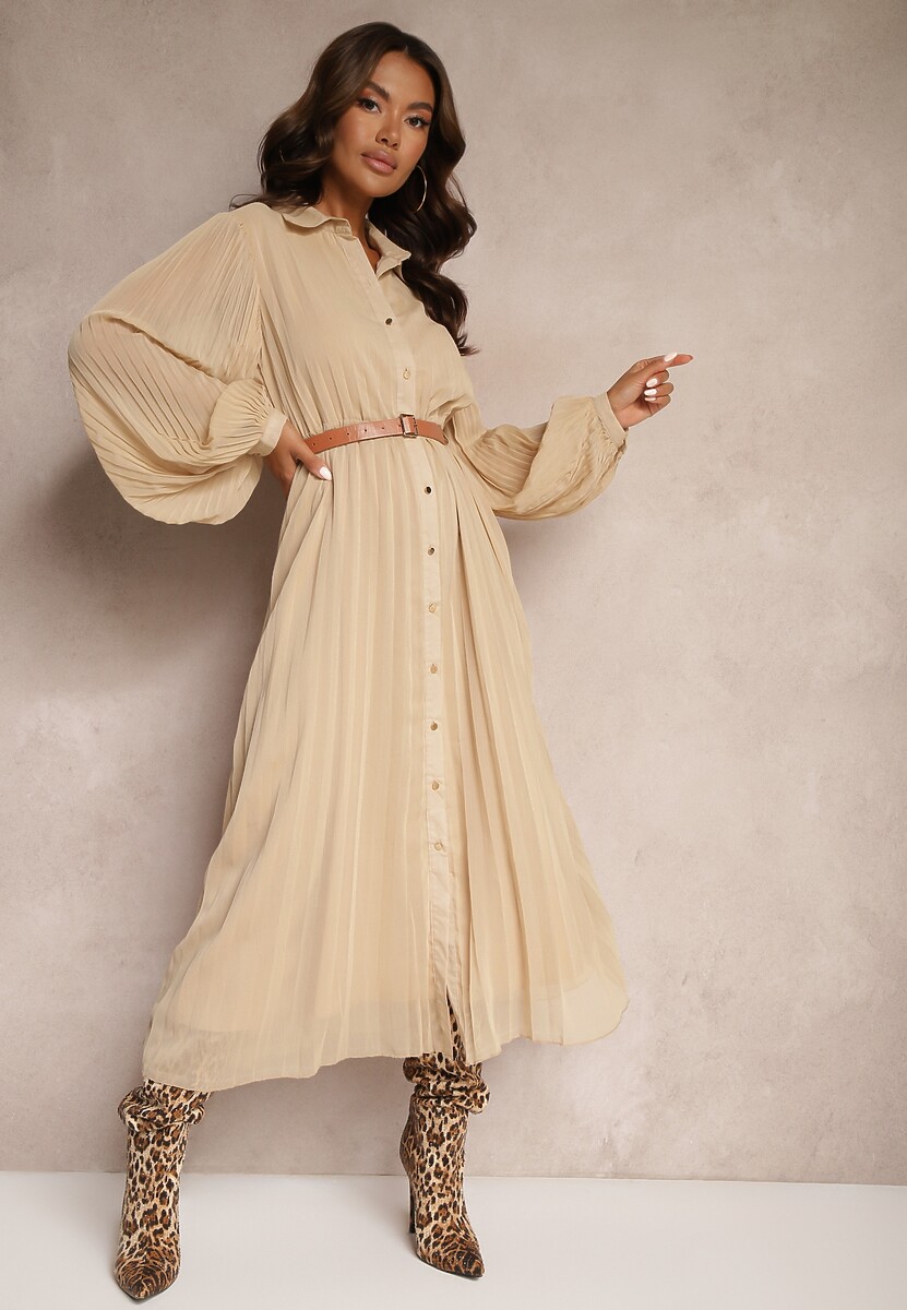 Beżowa Koszulowa Sukienka z Plisami i Dodatkowym Paskiem Miarosea