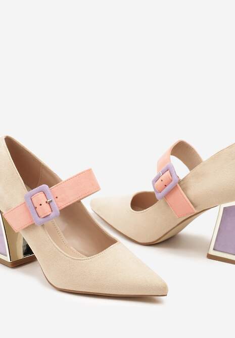 Beżowe Czółenka na Słupku z Metalicznymi Wstawkami i Paskiem Enavina