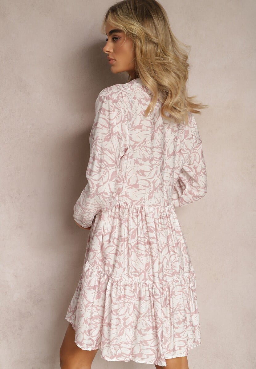 Różowo-Biała Kopertowa Sukienka Mini z Falbanką i Ozdobnym Printem Oletia