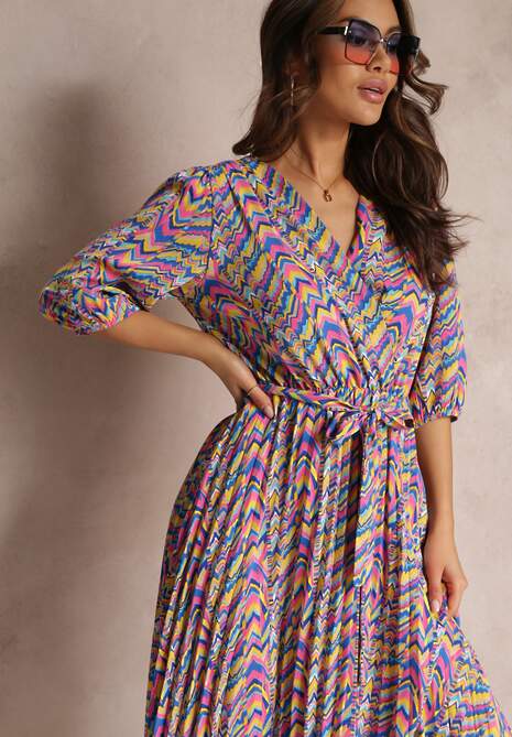 Niebiesko-Różowa Plisowana Sukienka Maxi z Gumką w Pasie i Paskiem Sangelo