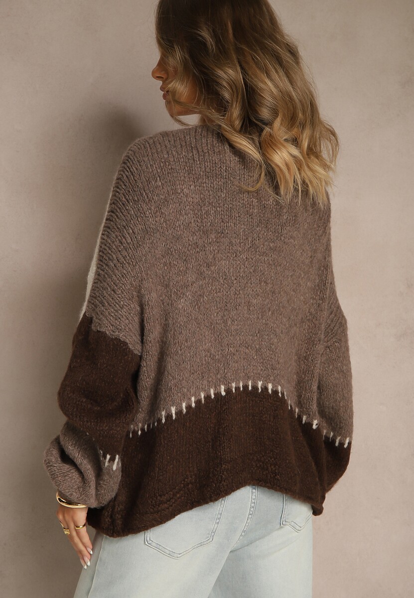 Beżowy Kardigan z Domieszką Wełny i Wiskozy w Patchworkowym Stylu Fesolinne