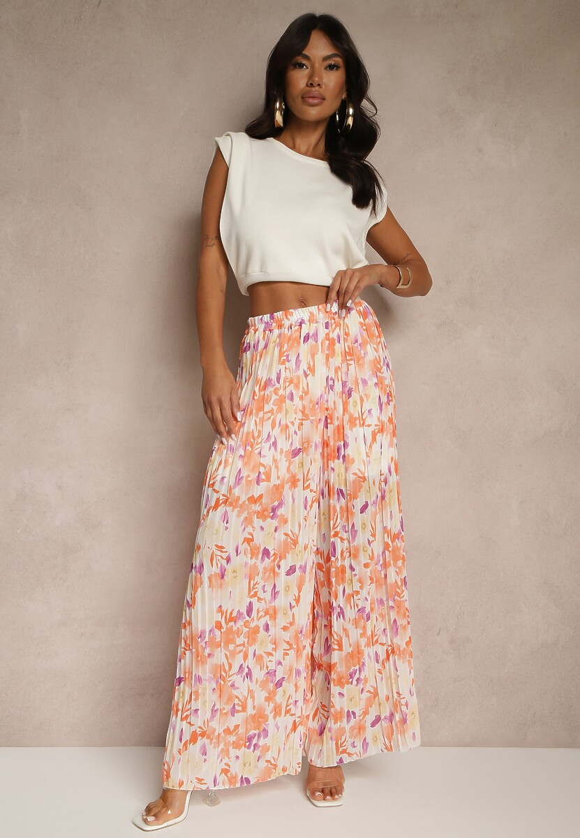 Pomarańczowe Spodnie High Waist Zdobione Plisami i Kwiatowym Printem Folamea