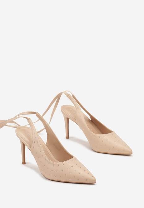 Beżowe Sandały na Szpilce z Wiązanymi Rzemykami i Cyrkoniami Jenglla