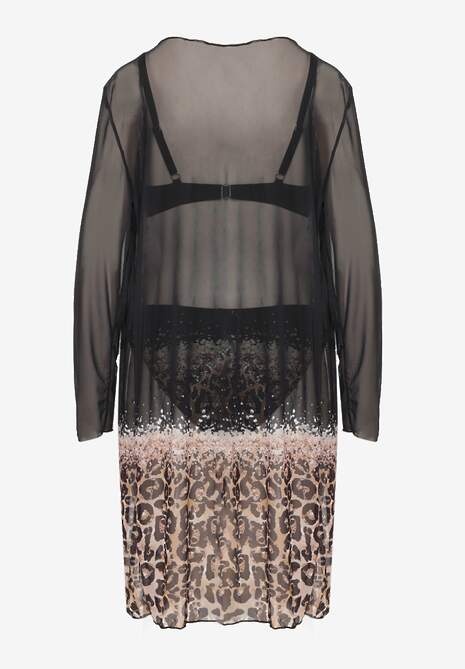 Czarny Komplet Bikini Majtki Figi Biustonosz i Narzutka w Panterkę Paselina