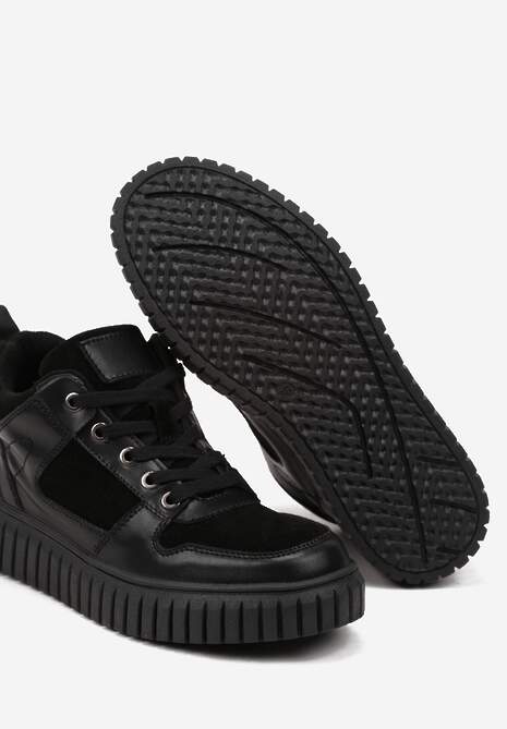 Czarne Sneakersy ze Skóry Naturalnej na Platformie Ozdobionej Tłoczeniem Erithna