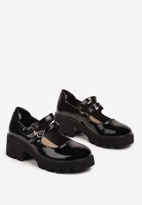 Czarne Półbuty Lakierowane na Słupku z Ozdobnymi Sprzączkami Ivathraea