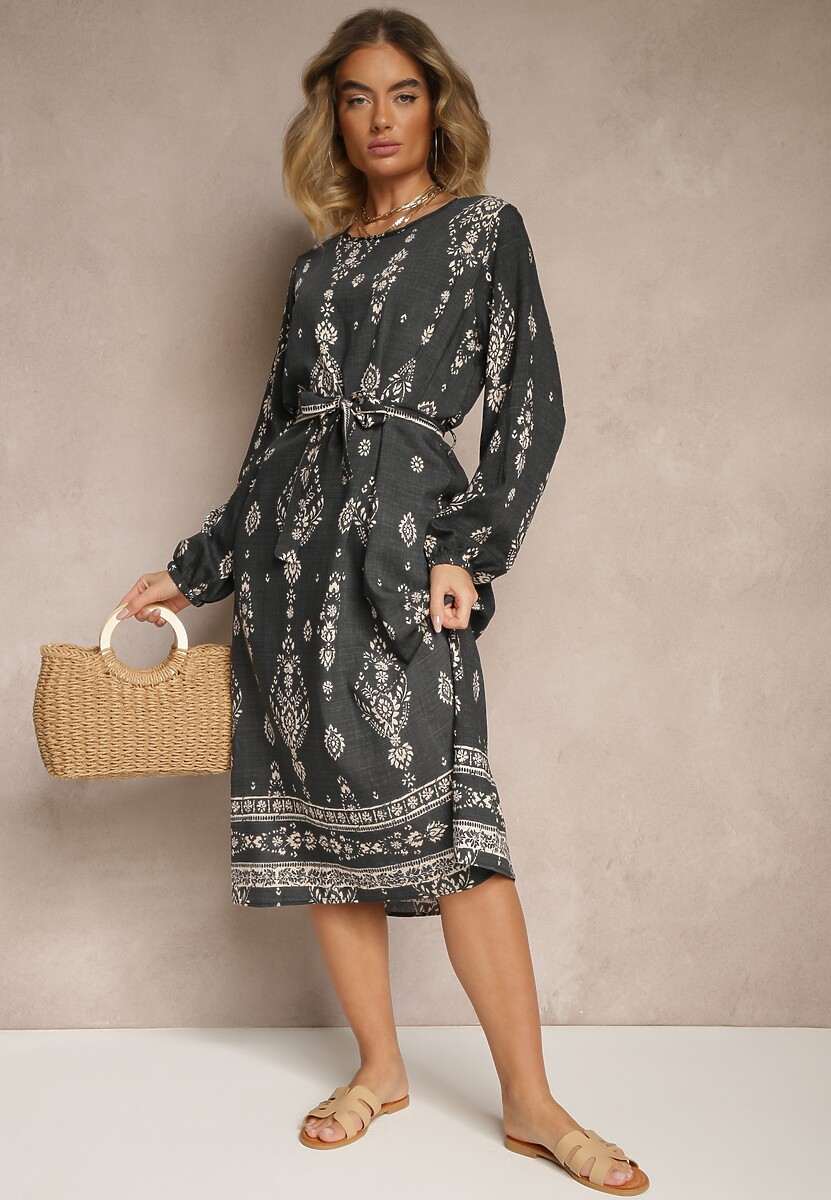 Ciemnoszara Pudełkowa Sukienka Boho w Etniczne Wzory z Paskiem Lisalenea