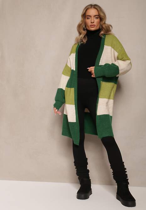 Zielony Luźny Kardigan Niezapinany w Paski Blikoze