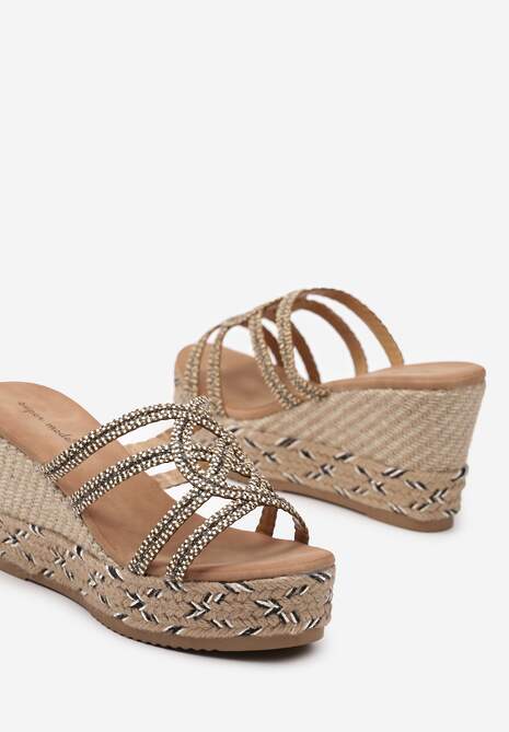 Brązowe Klapki na Plecionym Koturnie z Juty i Cyrkoniami na Paskach Rosca