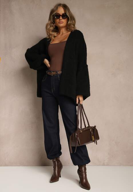 Czarny Niezapinany Kardigan Nietoperzowy z Dodatkiem Wełny i Wiskozy Rallidia