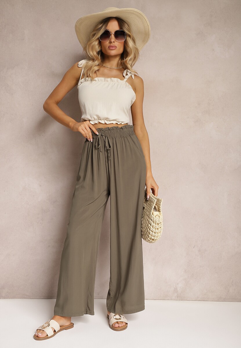 Brązowe Spodnie z Bawełny High Waist z Szerokimi Nogawkami i Gumką w Pasie Clisea