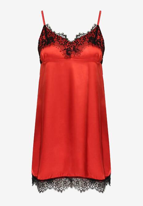 Czerwona Koszula Nocna i Szlaftok z Satyny z Ozdobną Koronką Therine